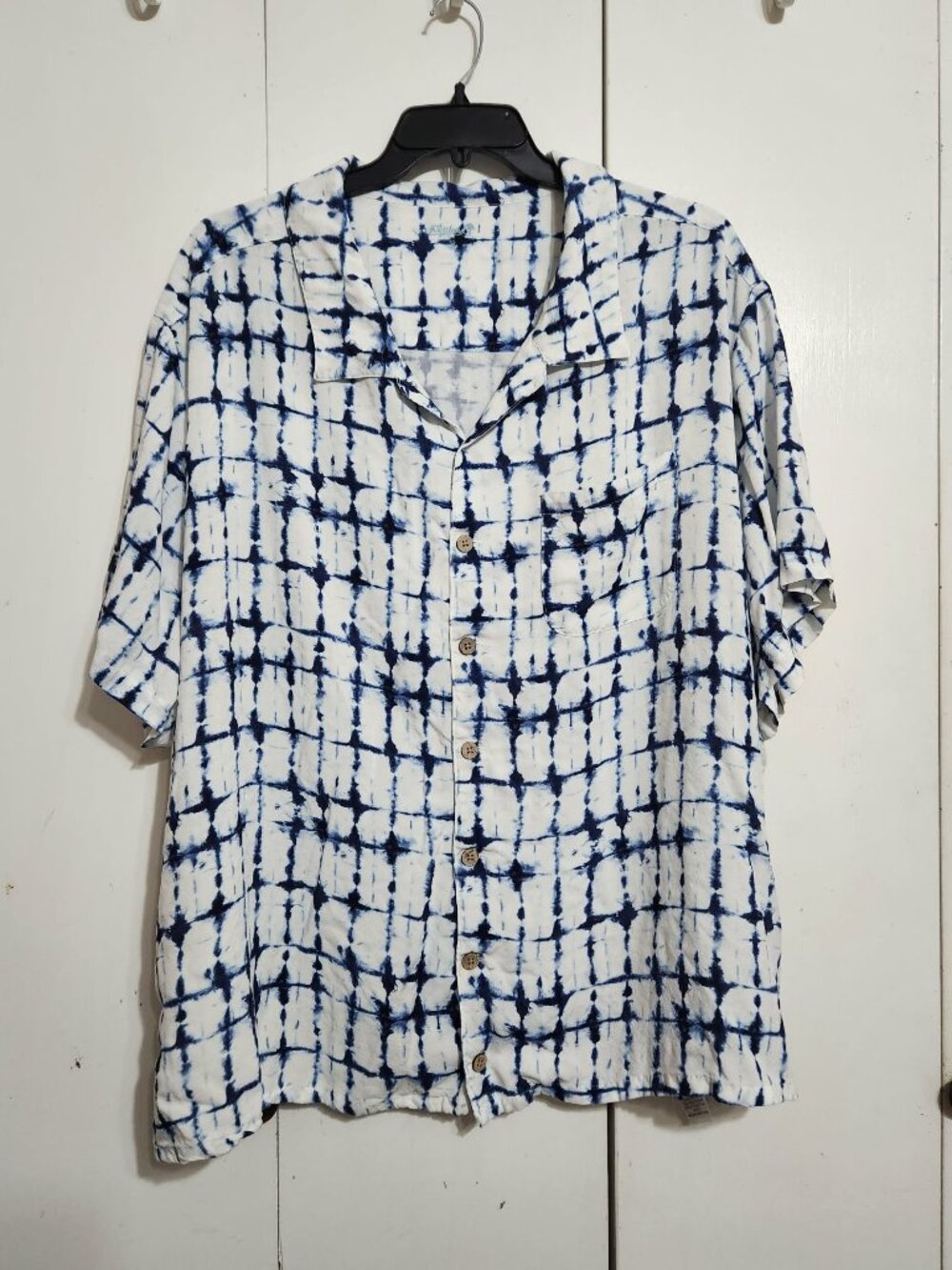 KS Island Mens 5XL Big Tie Dye Hawaiian Shirt Blue White Shibori Rayon Tropical